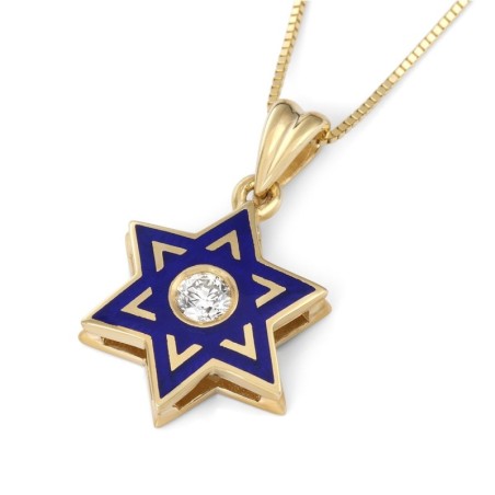 תליון ילדים דלוקס זהב צהוב 14K וכחול אמייל מגן דוד