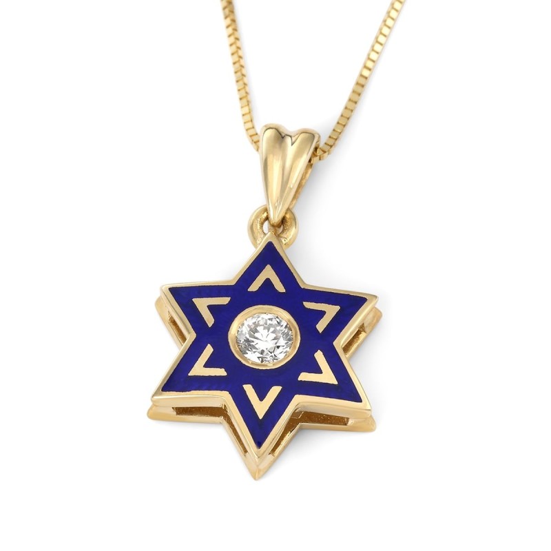 Pendentif pour enfant étoile de David de luxe en or jaune 14 carats et émail bleu