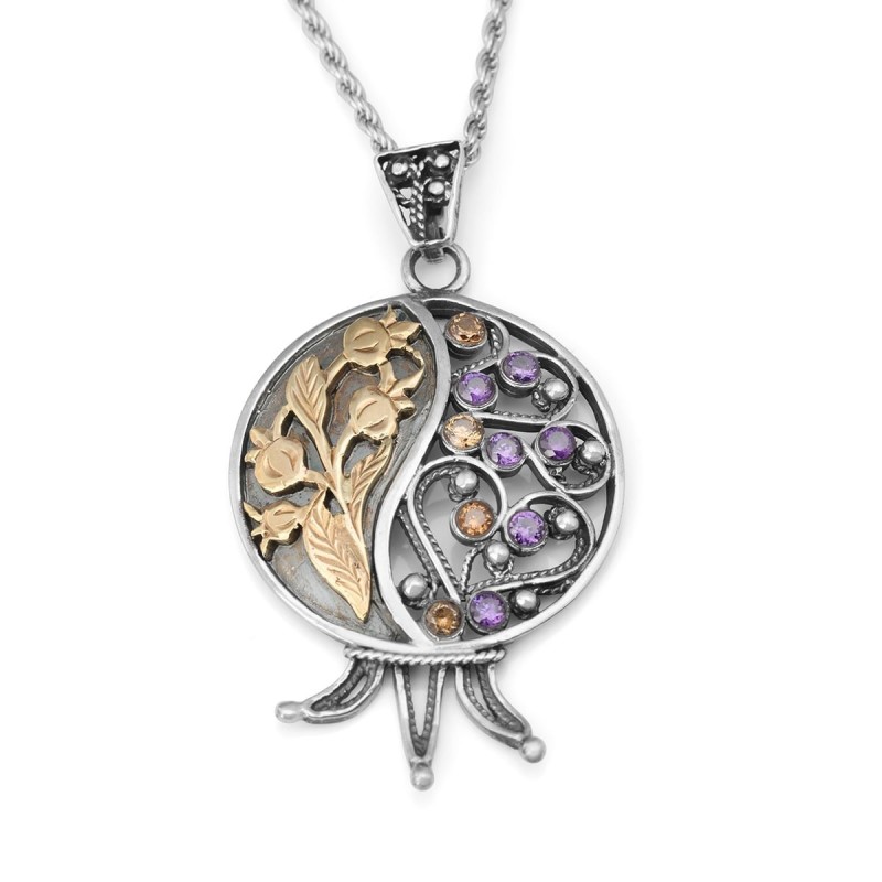 Collier de grenade en argent sterling et or 9 carats fabriqué à la main et serti de pierres précieuses
