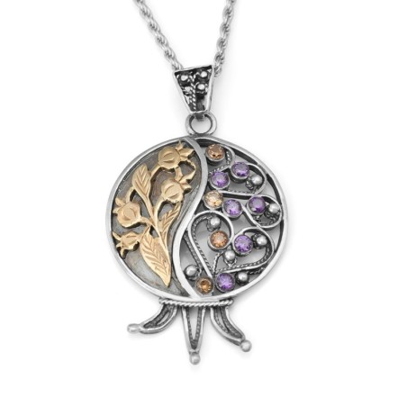 Gem-Studded Handcrafted Sterling Silver & 9K Gold Pomegranate Necklace