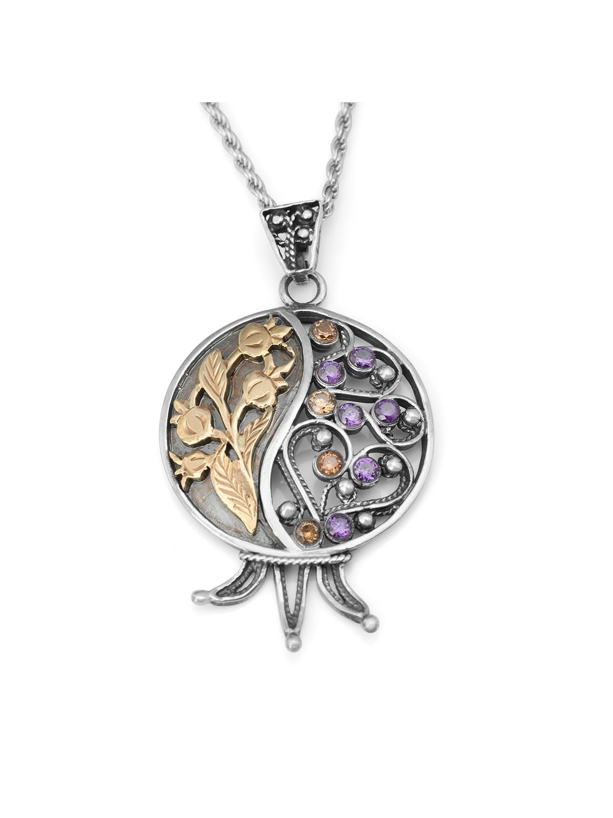 Collier de grenade en argent sterling et or 9 carats fabriqué à la main et serti de pierres précieuses
