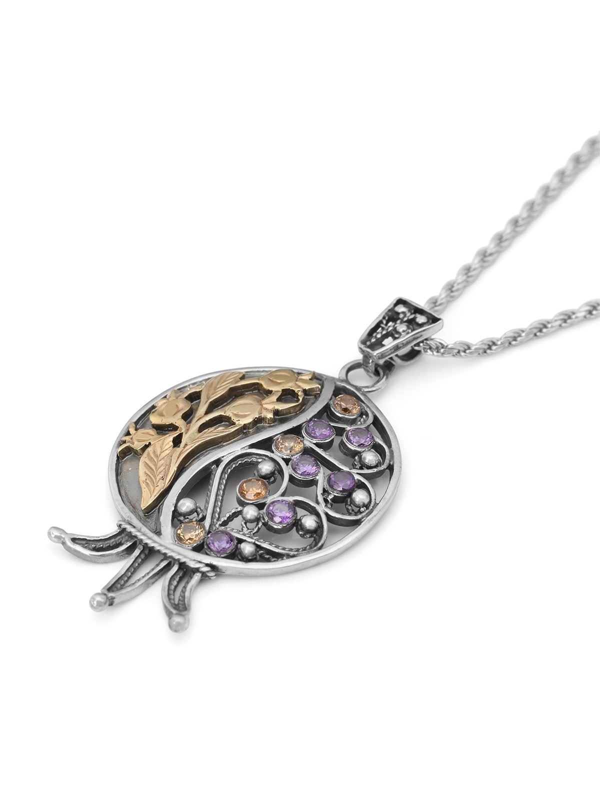 Gem-Studded Handcrafted Sterling Silver & 9K Gold Pomegranate Necklace