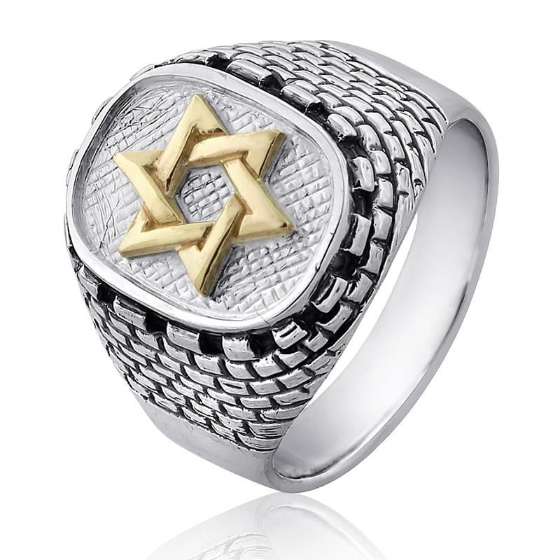 Bague étoile de David et mur Occidental en argent sterling et or