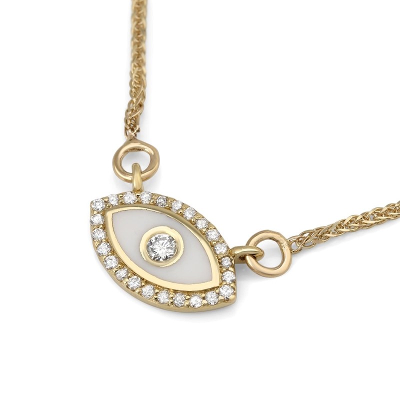 Collier pendentif mauvais œil en or jaune 14 carats rehaussé de diamants