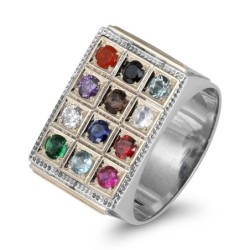 Silver and Gold Hoshen Men's Ring with Diamond and Gemstones