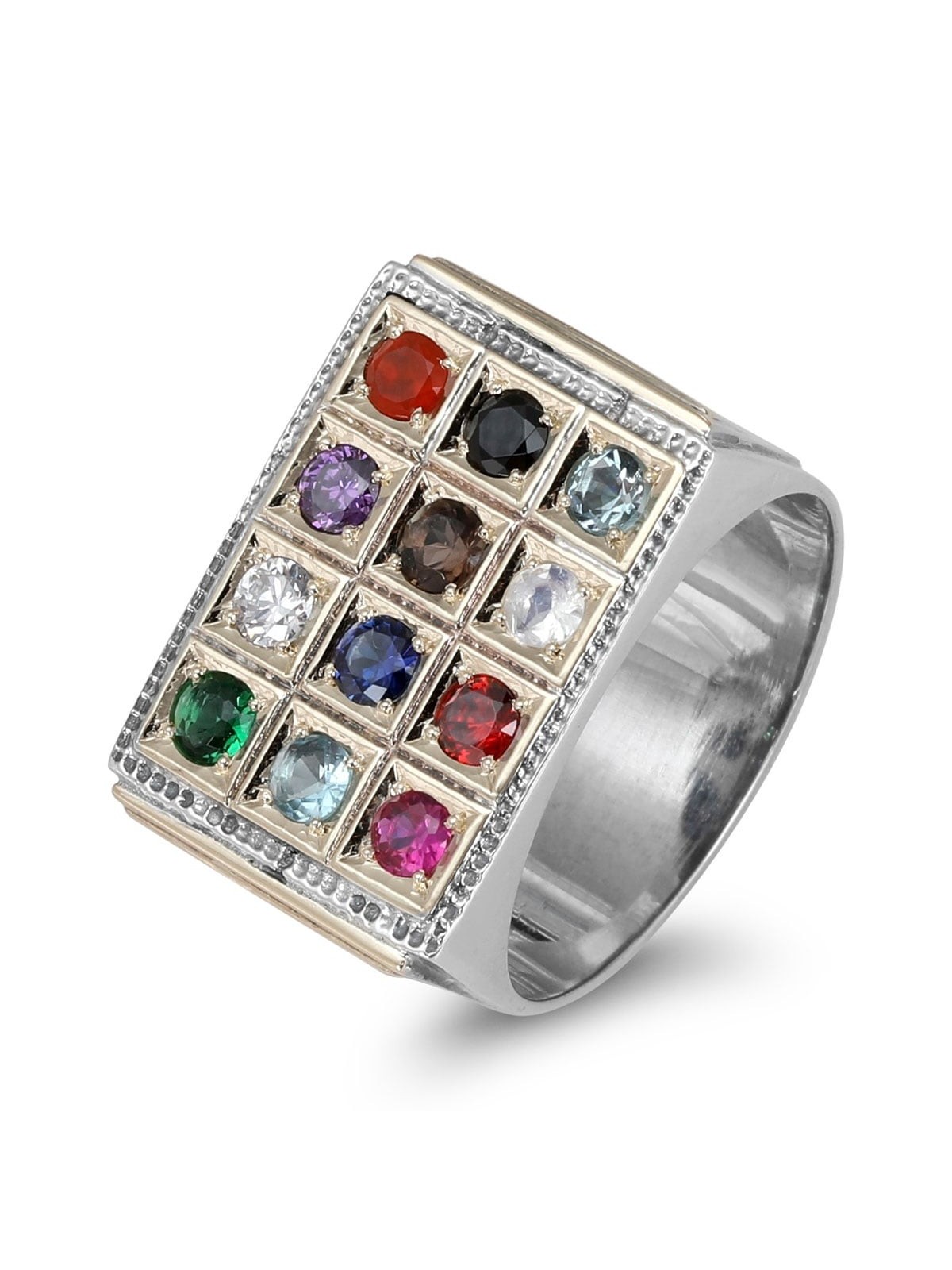 Silver and Gold Hoshen Men's Ring with Diamond and Gemstones
