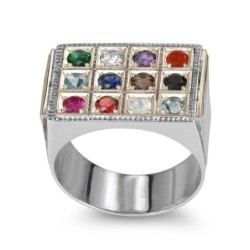 Silver and Gold Hoshen Men's Ring with Diamond and Gemstones