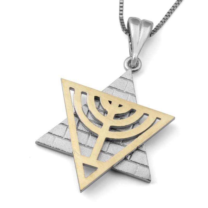 14K Gold Star of David Pendant Necklace With Menorah and Western Wall