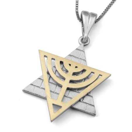 14K Gold Star of David Pendant Necklace With Menorah and Western Wall