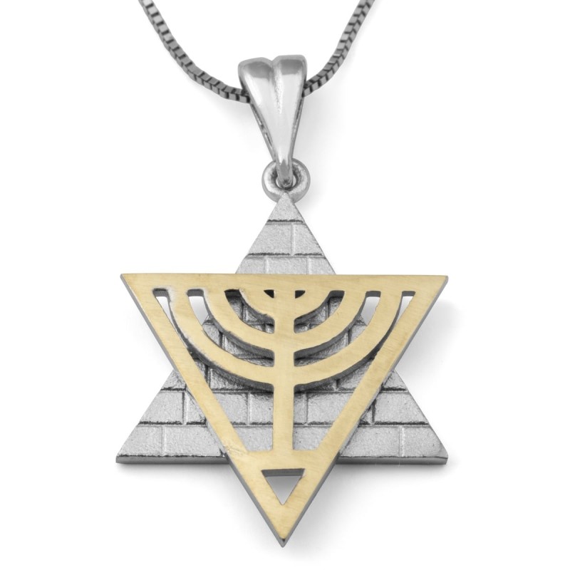 Collier pendentif étoile de David en or 14 carats avec menorah et mur occidental