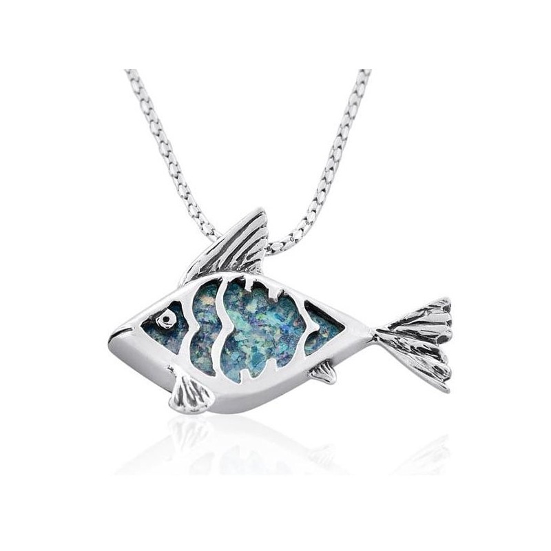 Roman Glass with Silver Frame Fish Necklace