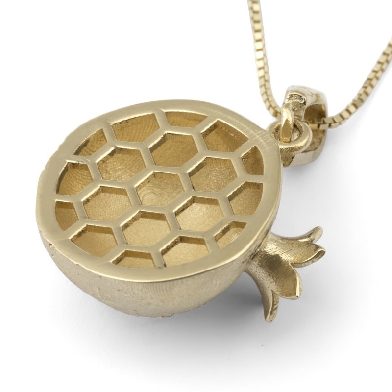 Collier pendentif grenade tridimensionnel en or 14 carats avec nid d'abeille