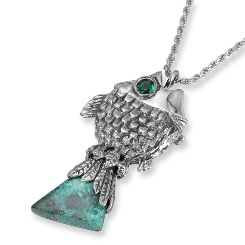 Rafael Jewelry Pendentif en argent avec pierre d'Eilat et poisson de la mer de Galilée avec Eme