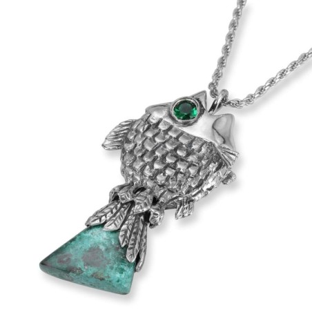 Rafael Jewelry Pendentif en argent avec pierre d'Eilat et poisson de la mer de Galilée avec Eme