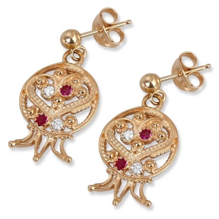 Boucles d'oreilles grenade en or 14 carats avec pierres rubis et quartz