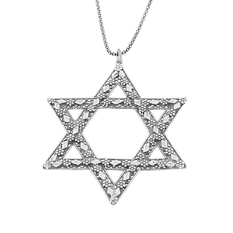 Extra Large Stylish Sterling Silver Diamond-Patterend Star of David Ne