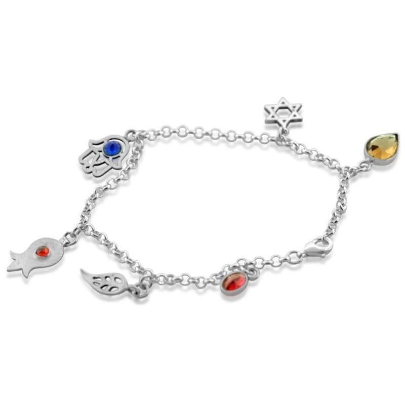 Bracelet en argent sterling avec breloques juives et pierres précieuses assorties