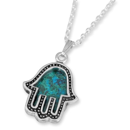 Rafael Jewelry Eilat Stone in Silver Hamsa Frame Necklace - Black Bord