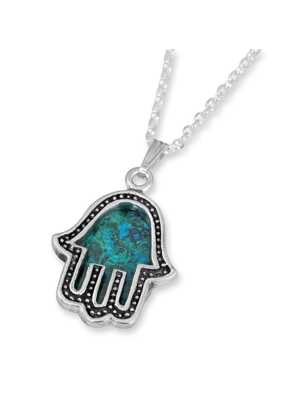 Rafael Jewelry Eilat Stone in Silver Hamsa Frame Necklace - Black Bord