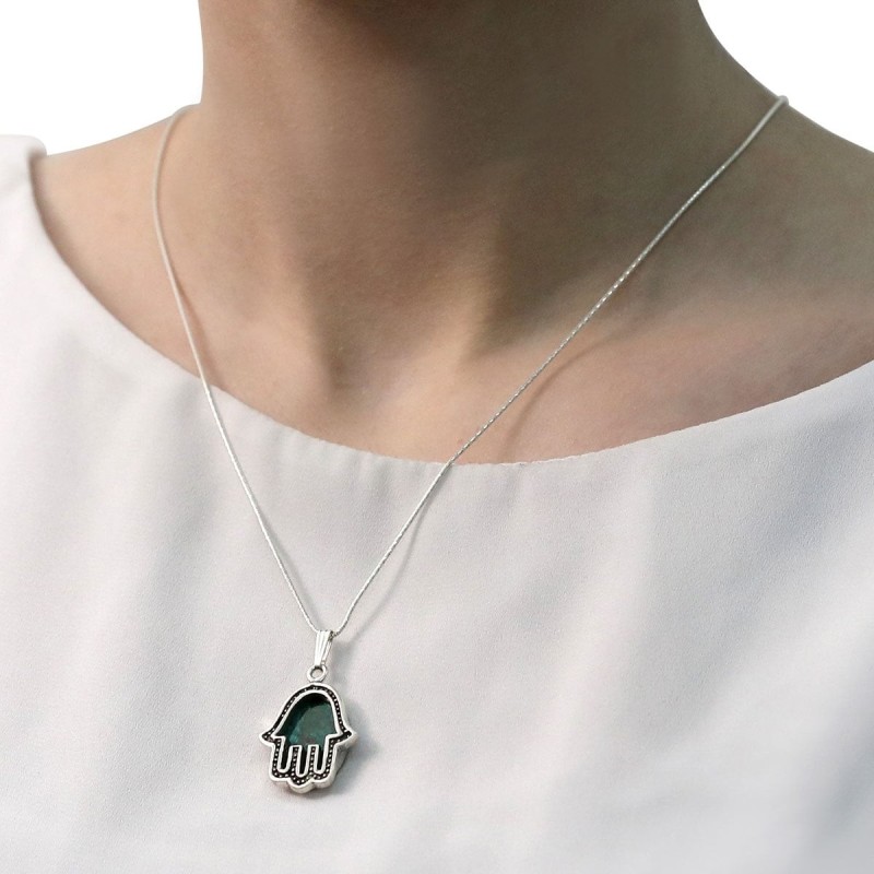 Rafael Jewelry Eilat Stone in Silver Hamsa Frame Necklace - Black Bord
