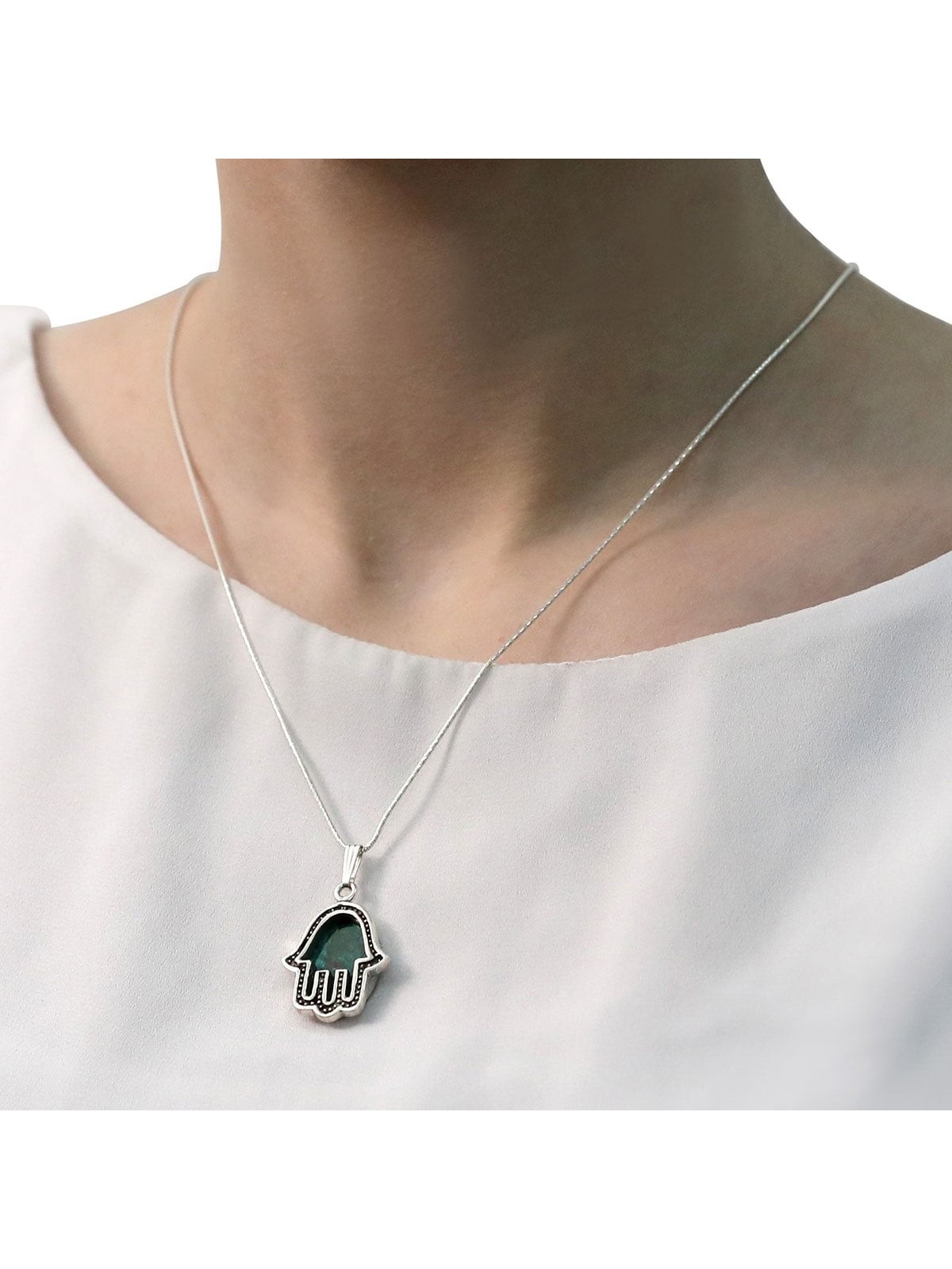 Rafael Jewelry Eilat Stone in Silver Hamsa Frame Necklace - Black Bord