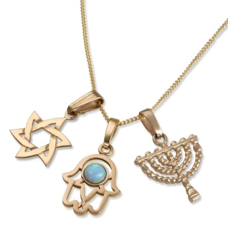 Pendentifs à 3 breloques en or 14 carats - Hamsa, étoile de David, Menorah