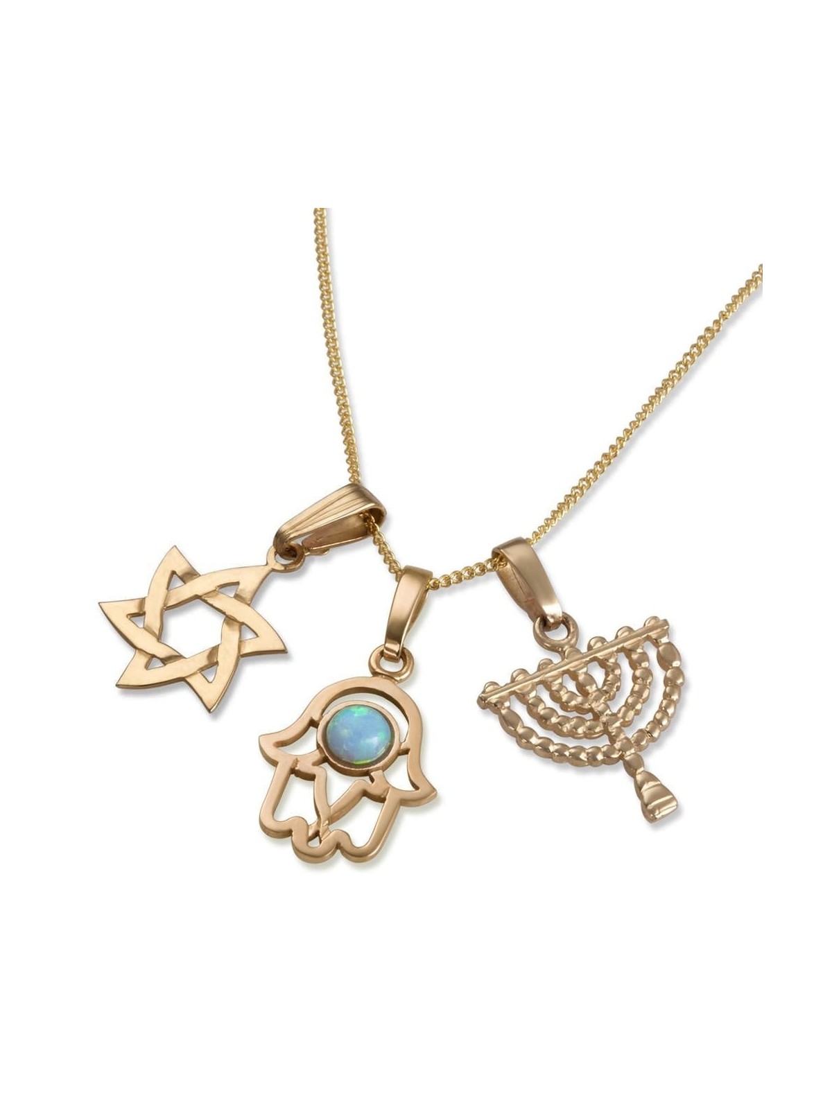 תליוני זהב 14 קראט 3 - חמסה, מגן דוד, חנוכייה