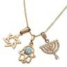 14K Gold 3 Charm Pendants - Hamsa, Star of David, Menorah