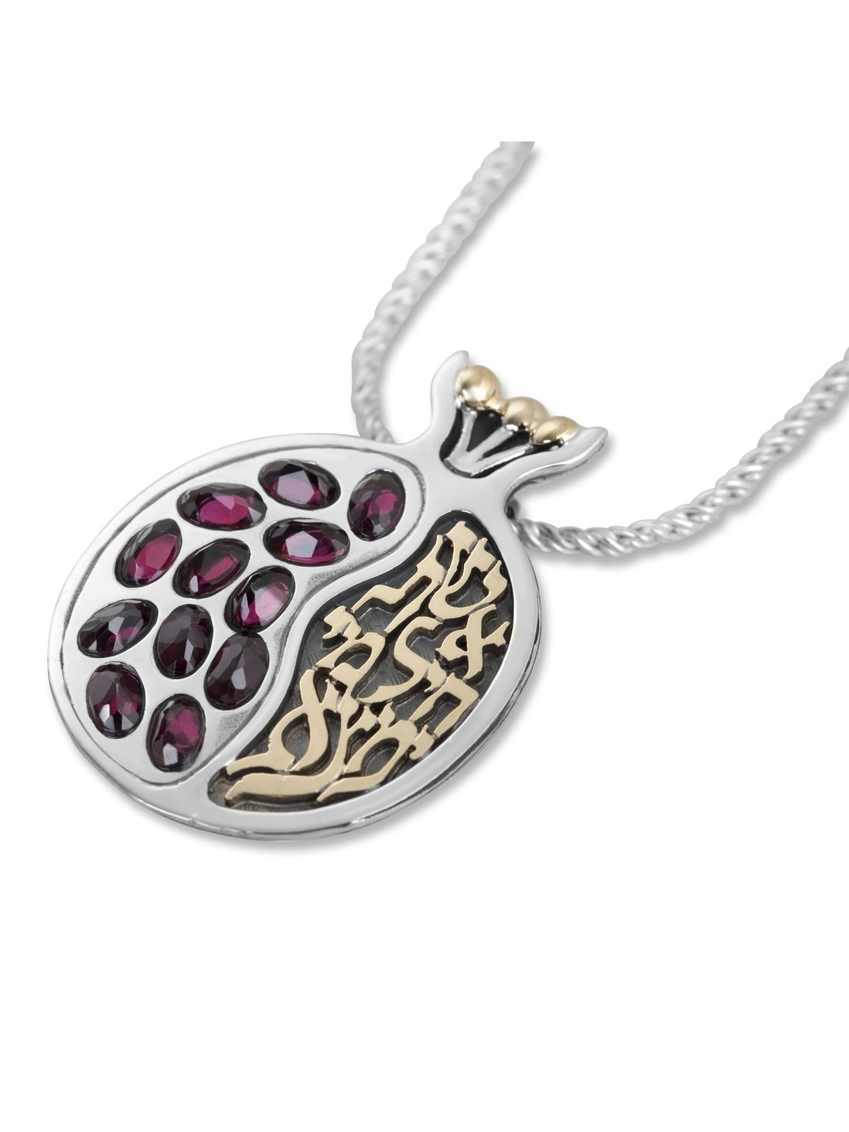Collier de grenade en argent sterling avec Eshet Chail et Garn en or 9 carats