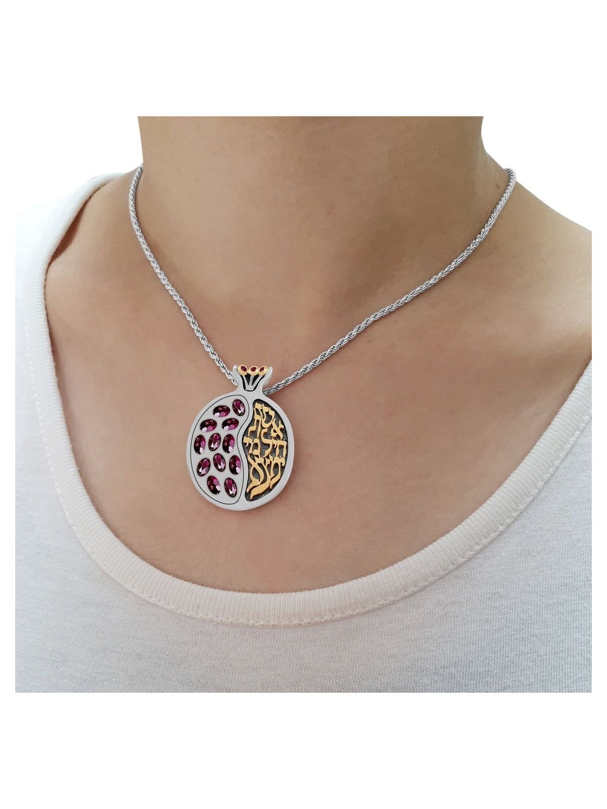 Sterling Silver Pomegranate Necklace with 9K Gold Eshet Chail and Garn
