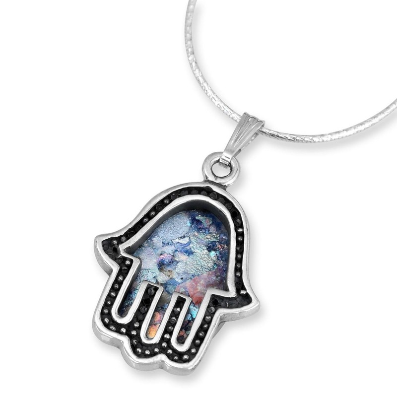 Rafael Jewelry Collier romain en verre avec cadre Hamsa en argent – ​​Bord noir