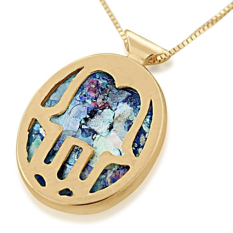 14K Gold and Roman Glass Hamsa Pendant