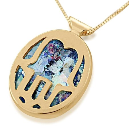 14K Gold and Roman Glass Hamsa Pendant
