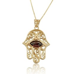 14K Gold and Garnet Filigree Hamsa Pendant