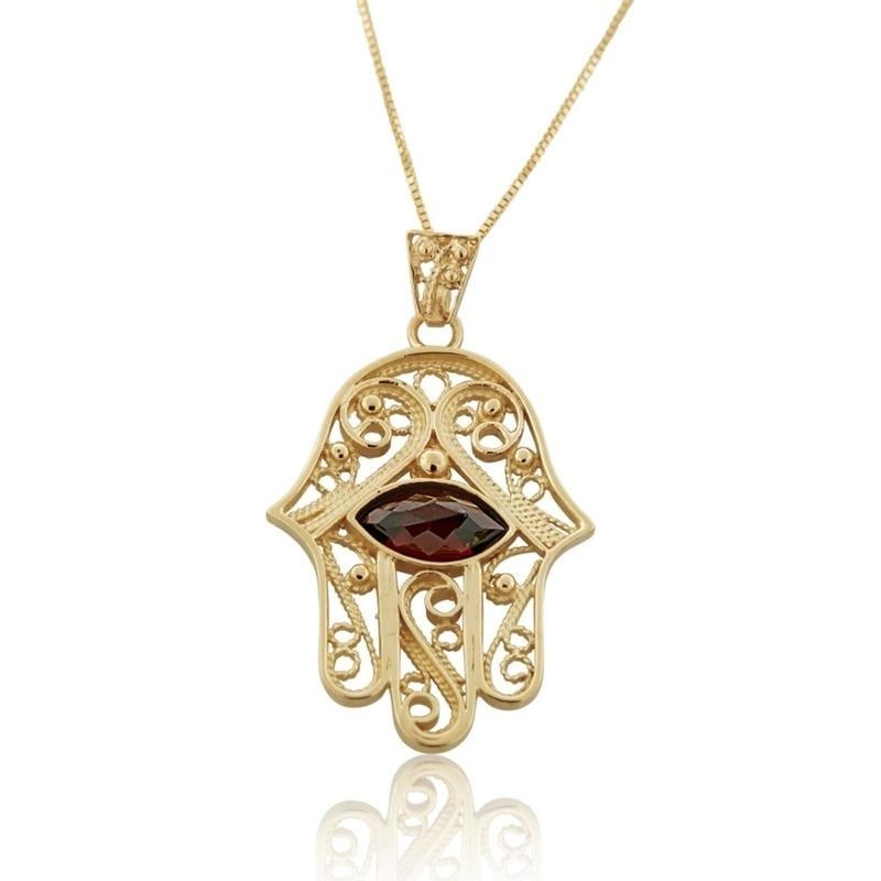 14K Gold and Garnet Filigree Hamsa Pendant