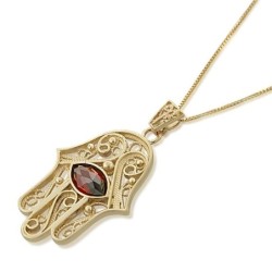 14K Gold and Garnet Filigree Hamsa Pendant