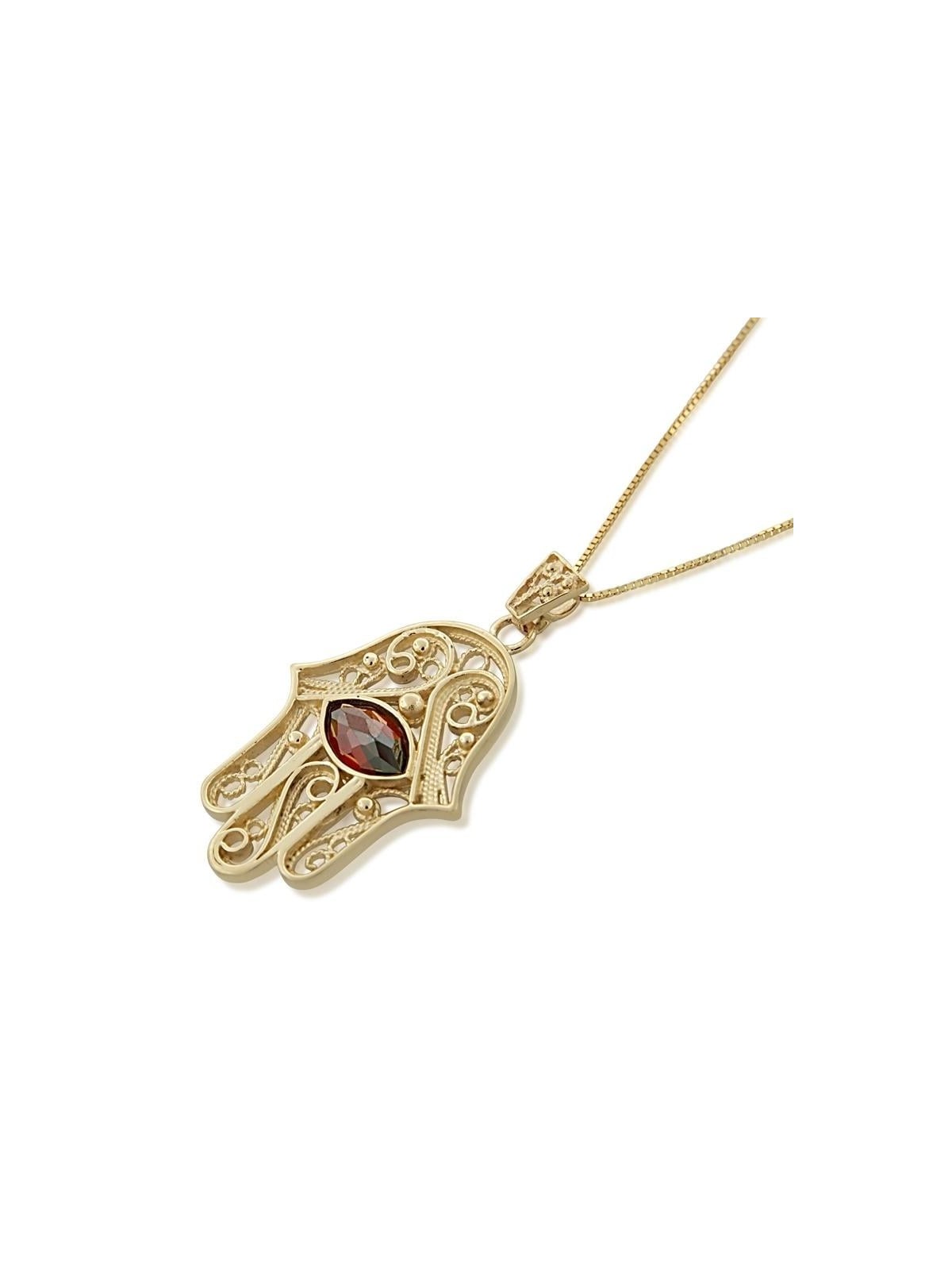 Pendentif Hamsa en filigrane d'or 14 carats et grenat