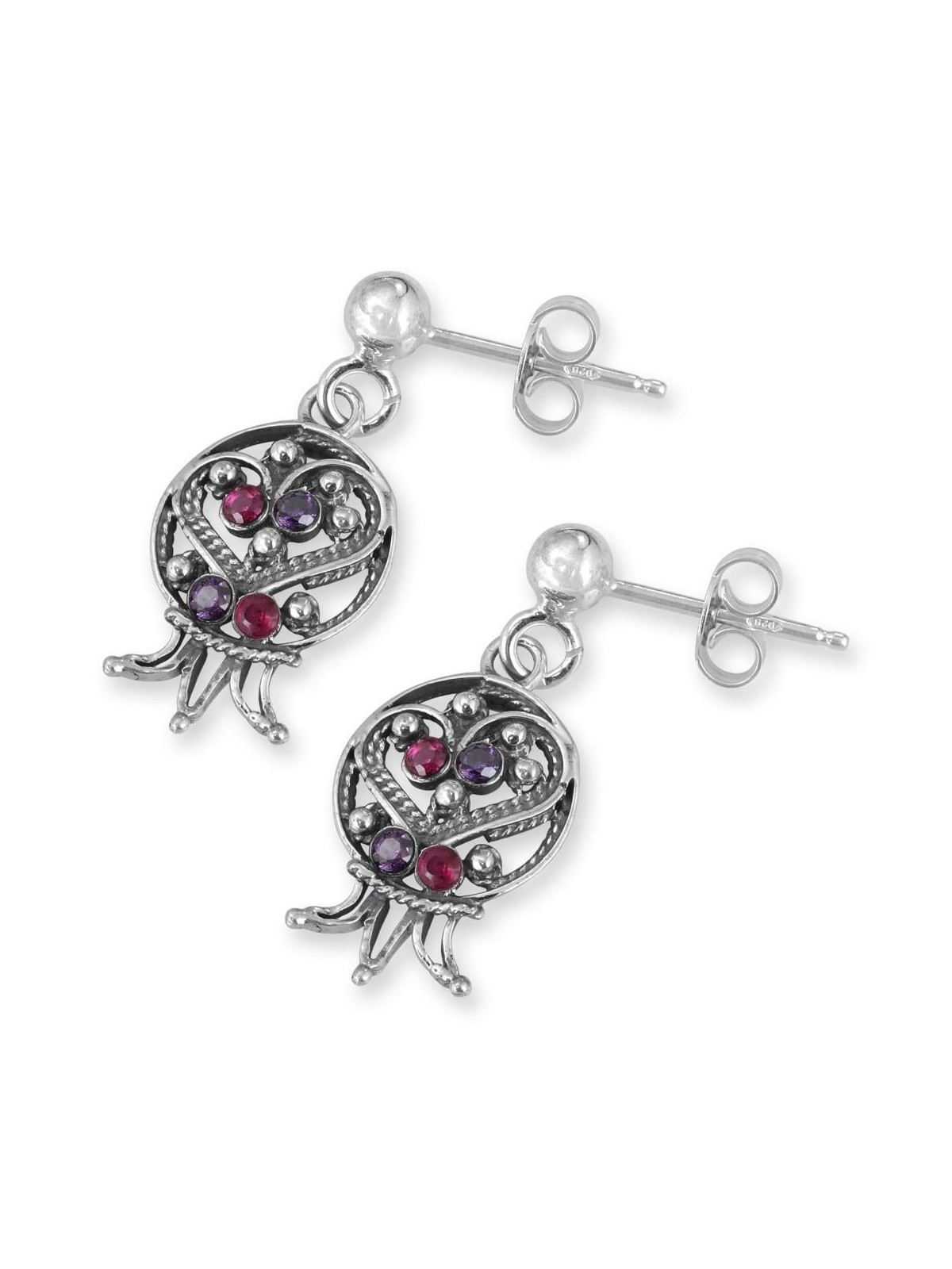 Rafael Jewelry Sterling Silver Pomegranate Filigree Earrings with Ruby