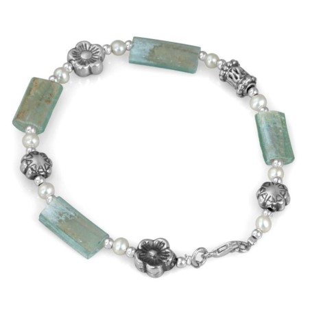 Bracelet en argent sterling avec verre romain et perles blanches