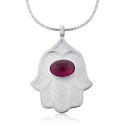 Sterling Silver Hamsa Necklace with Ruby Stone