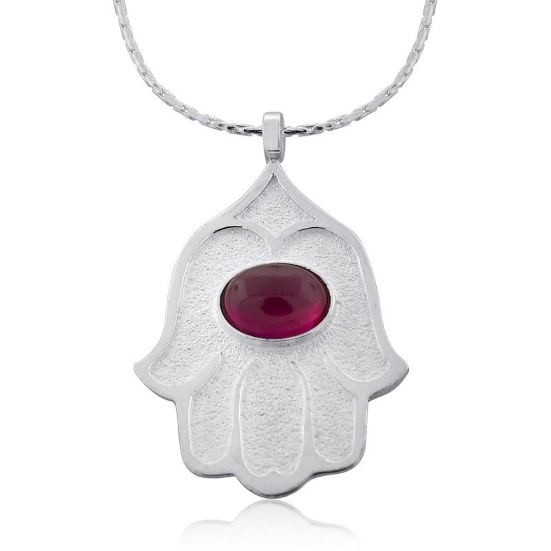Sterling Silver Hamsa Necklace with Ruby Stone