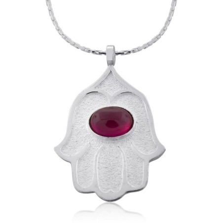 Sterling Silver Hamsa Necklace with Ruby Stone