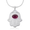 Sterling Silver Hamsa Necklace with Ruby Stone