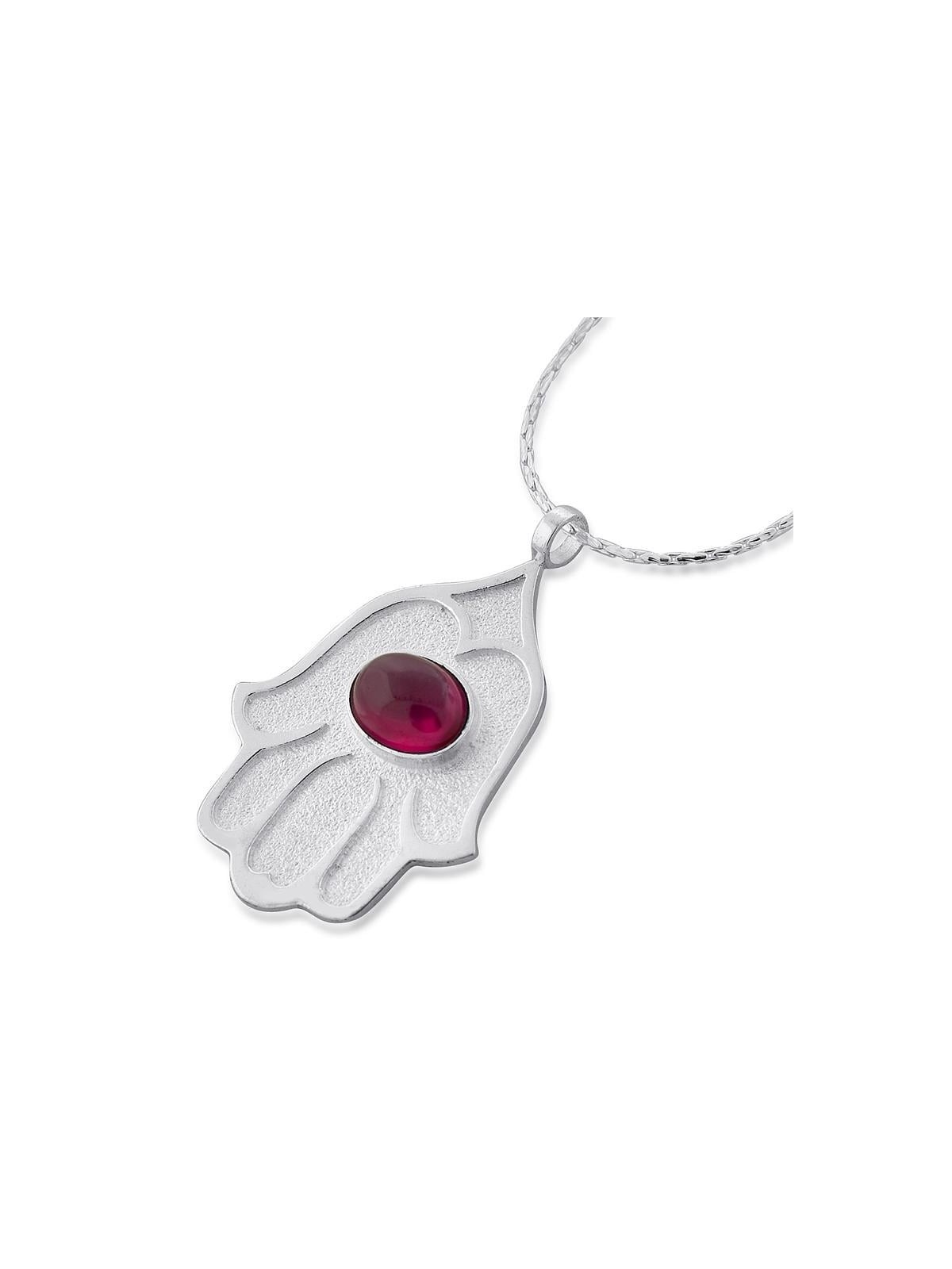 Sterling Silver Hamsa Necklace with Ruby Stone