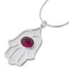 Sterling Silver Hamsa Necklace with Ruby Stone