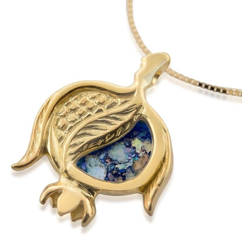 Collier en verre romain fendu et grenade en or 14 carats