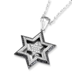 Pendentif double étoile de David en or blanc 14 carats avec 172 diamètres noir et blanc