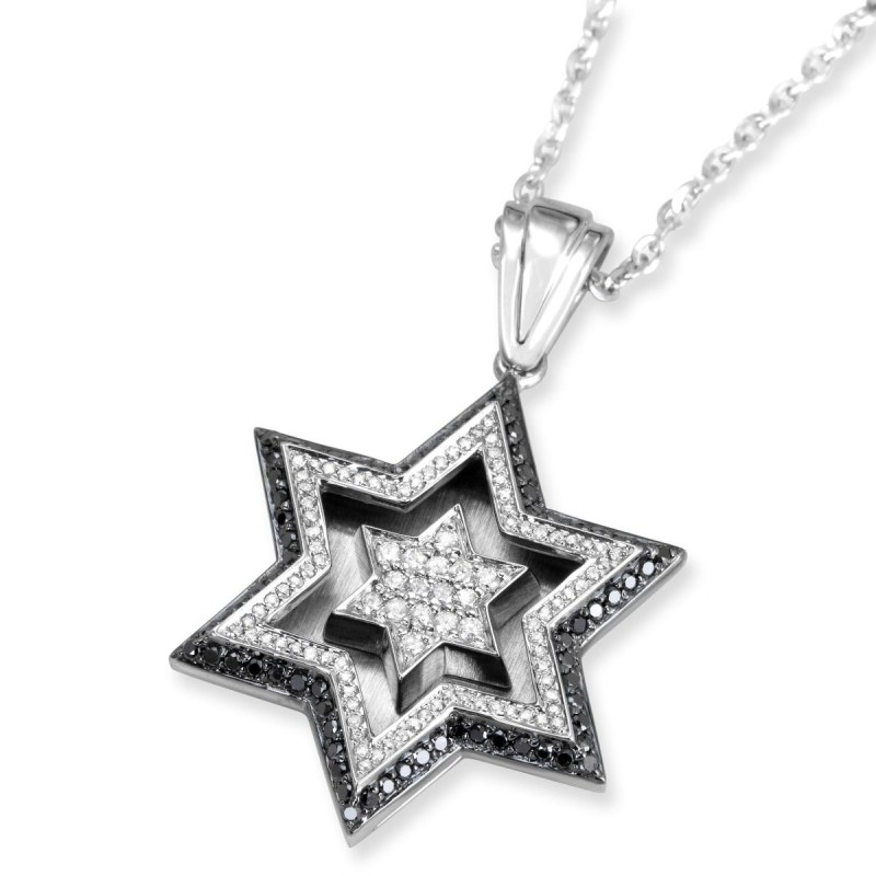 14K White Gold Double Star of David Pendant With 172 Black & White Dia