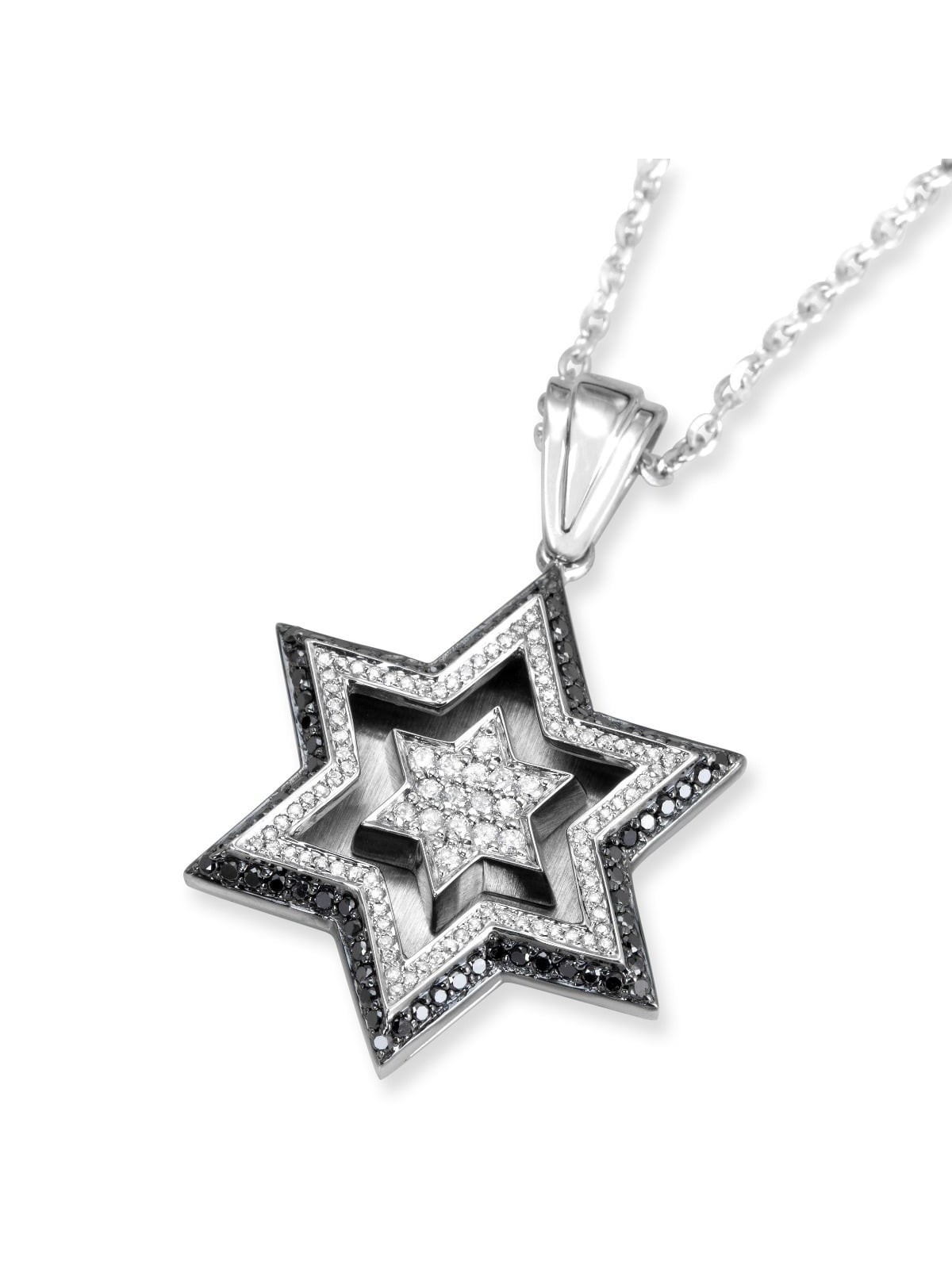Pendentif double étoile de David en or blanc 14 carats avec 172 diamètres noir et blanc