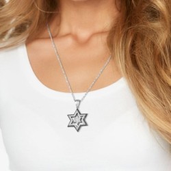 14K White Gold Double Star of David Pendant With 172 Black & White Dia